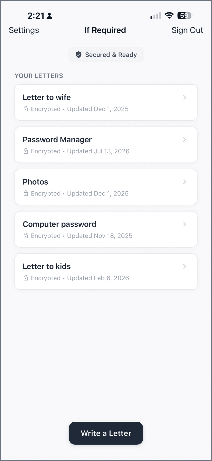 The If Required app showing a list of encrypted letters: letter to wife, password manager, photos, computer password, and letter to kids