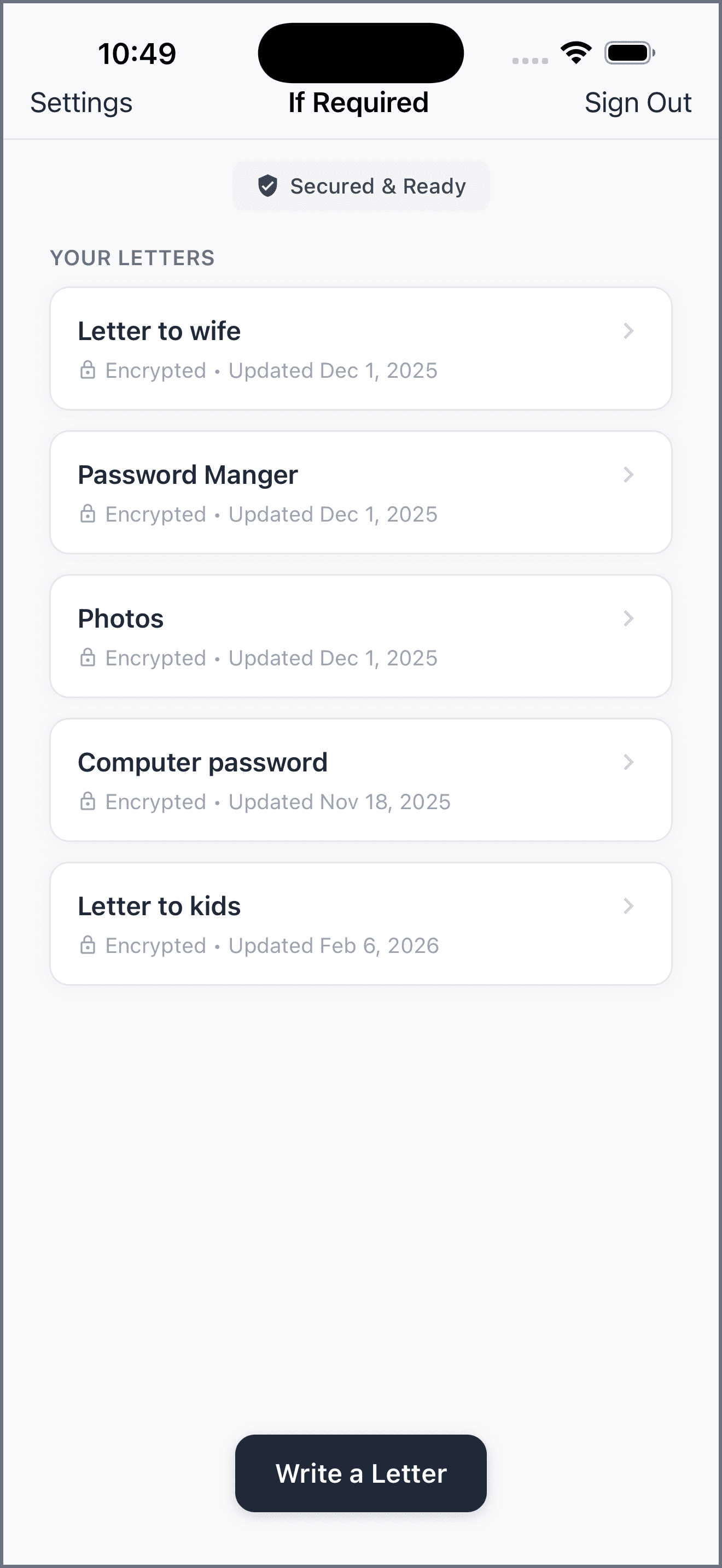 The If Required app showing a list of encrypted letters: letter to wife, password manager, photos, computer password, and letter to kids